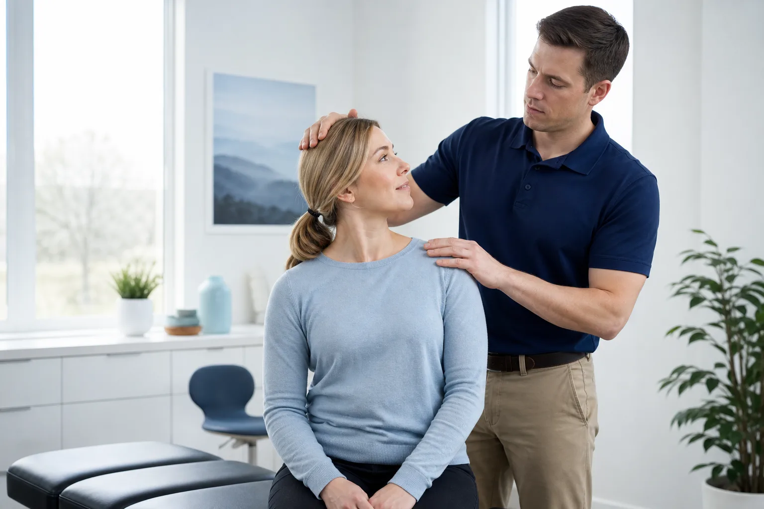 A chiropractor calmly evaluating a patient's neck and shoulder movement