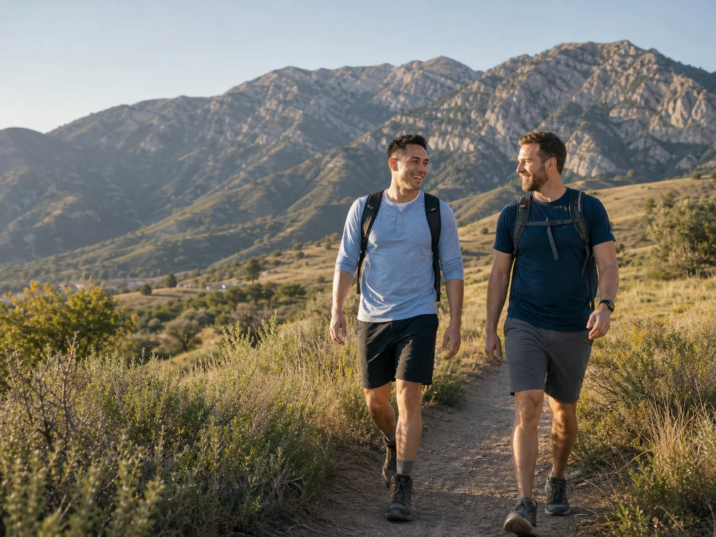 Two friends walking together on a sunny trail in Utah's Wasatch foothills