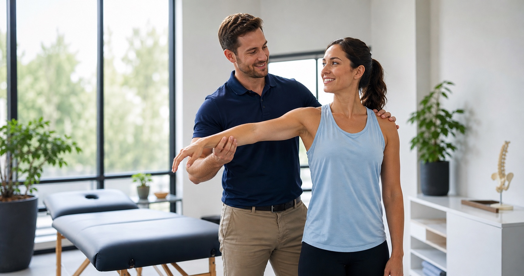 Chiropractor guiding a patient through a gentle shoulder mobility assessment
